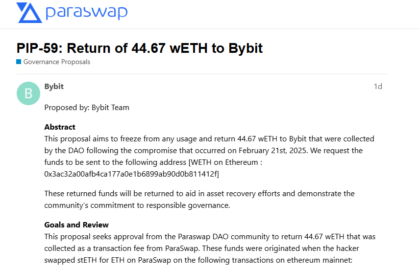 Bybit requests 44.67 ETH from Paraswap Dao with Hacker\